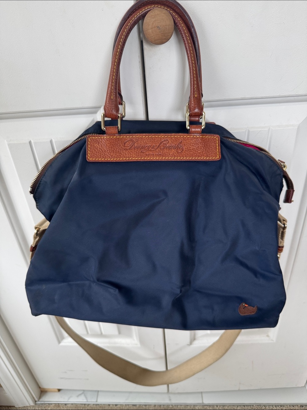 Dooney & Bourke Navy Satchel with Brown Leather Accents